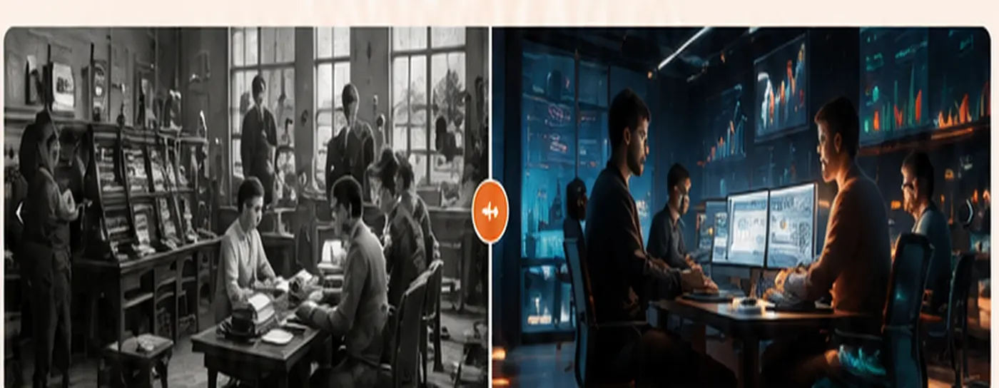 Illustration showing the journey from traditional working methods to modern digital business