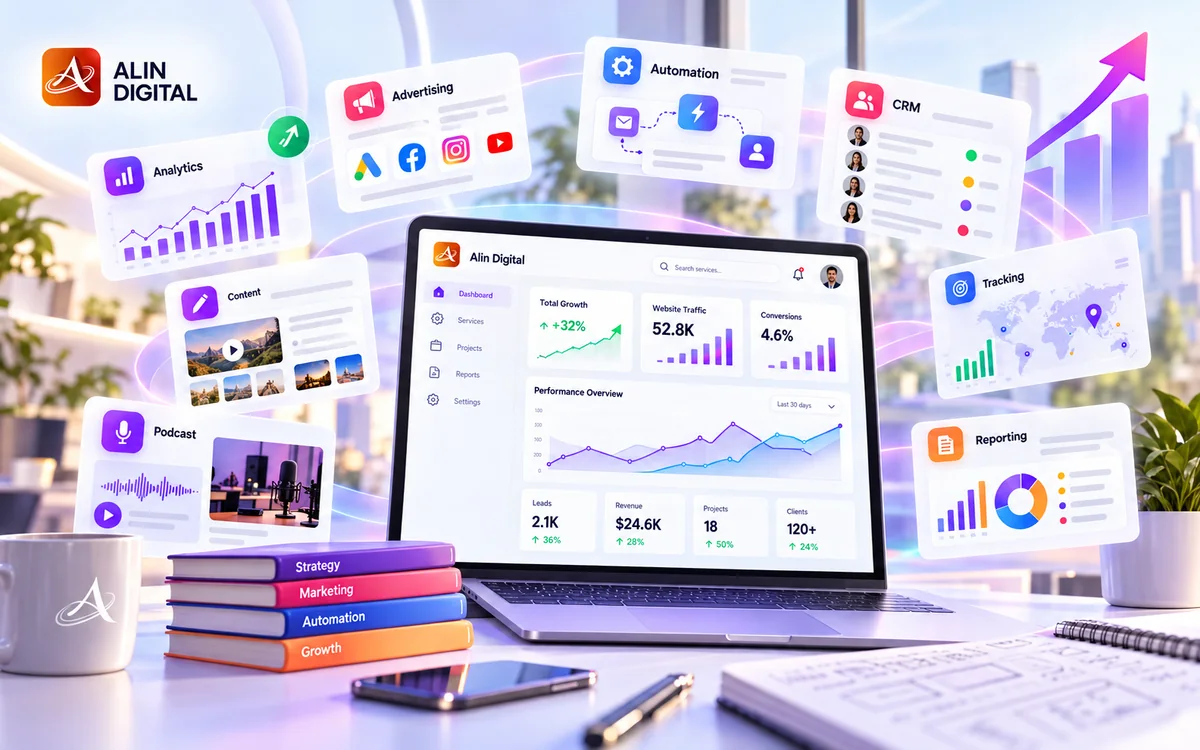 Marketing dashboard for analytics, tracking, CRM and automation services
