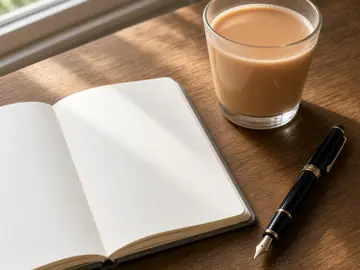 নমুনা ছবি: খোলা নোটবুক, কলম ও এক কাপ চা