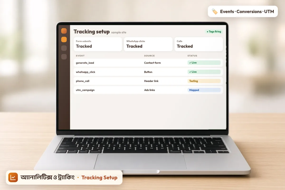 Mock-up: a laptop showing a tracking setup with form, WhatsApp and call events marked live