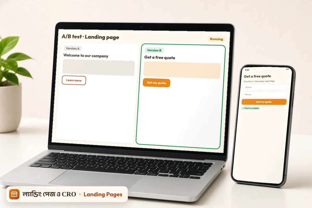 Mock-up: a laptop comparing two landing page versions next to a phone with a short quote form